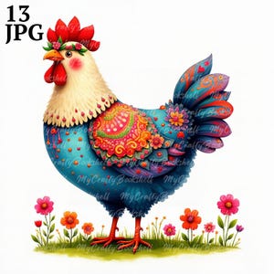 13 imágenes prediseñadas de pollos, kit de imágenes prediseñadas de pollos calicó, 10 imágenes prediseñadas de acuarela de alta resolución en formato JPG para diario basura, álbum de recortes, manualidades, descarga digital