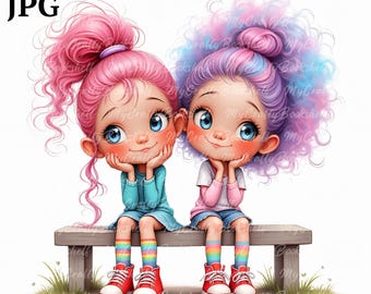 13 JPGs Quirky Cute Sisters Clipart, Commercial Use, Whimsical Ephemera, Watercolor Quirky Friends Clipart, Instant Download, Paper Craft