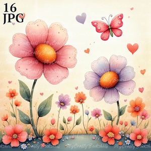 16 Cute Whimsical Flower Clipart, Vintage Flowers Clipart, High Res JPG, Digital Download, Watercolor Clipart, Printable, Commercial License