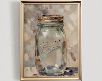 Rustic Mason Jar Still Life Print: Cozy Farmhouse Kitchen Decor, Vintage Canning Jar Wall Art, Autumn Harvest Digital Download.