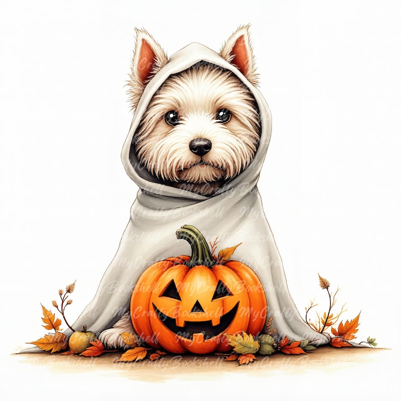 Ghost Dog Halloween Clipart: Watercolor Puppy PNG Bundle (digital ...