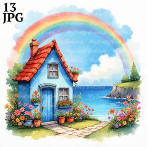 13 Whimsical Seaside Rainbow Cottages Clip Art Bundle High Res Watercolor JPGs, Junk Journal Scrapbooking, Card Making, Digital Download Kit