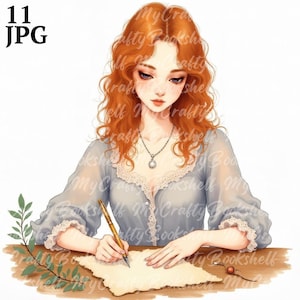 11 Woman Writing Clipart, Writer Clipart, Printable Watercolor clipart, High Quality JPGs, Digital download, Paper craft, junk journal