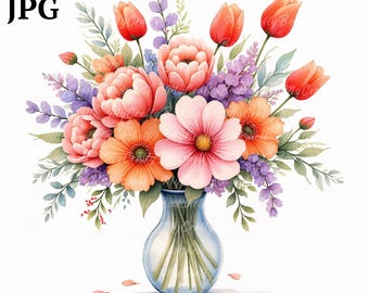 Watercolor Flower Clipart: Tulips, Daffodils Bouquet (PNG, Commercial Use)