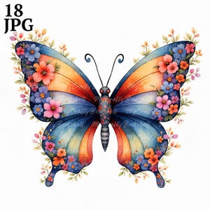 18 Watercolor Flower Butterfly Clipart High Quality JPGs, Digital Paper Craft, Butterfly Illustrations, Instant Download, Commercial Use