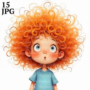 15 Clipart di ragazze con capelli ricci stravaganti, uso commerciale, effimere stravaganti, ragazza divertente dei cartoni animati, clipart acquerello JPG, download immediato, artigianato