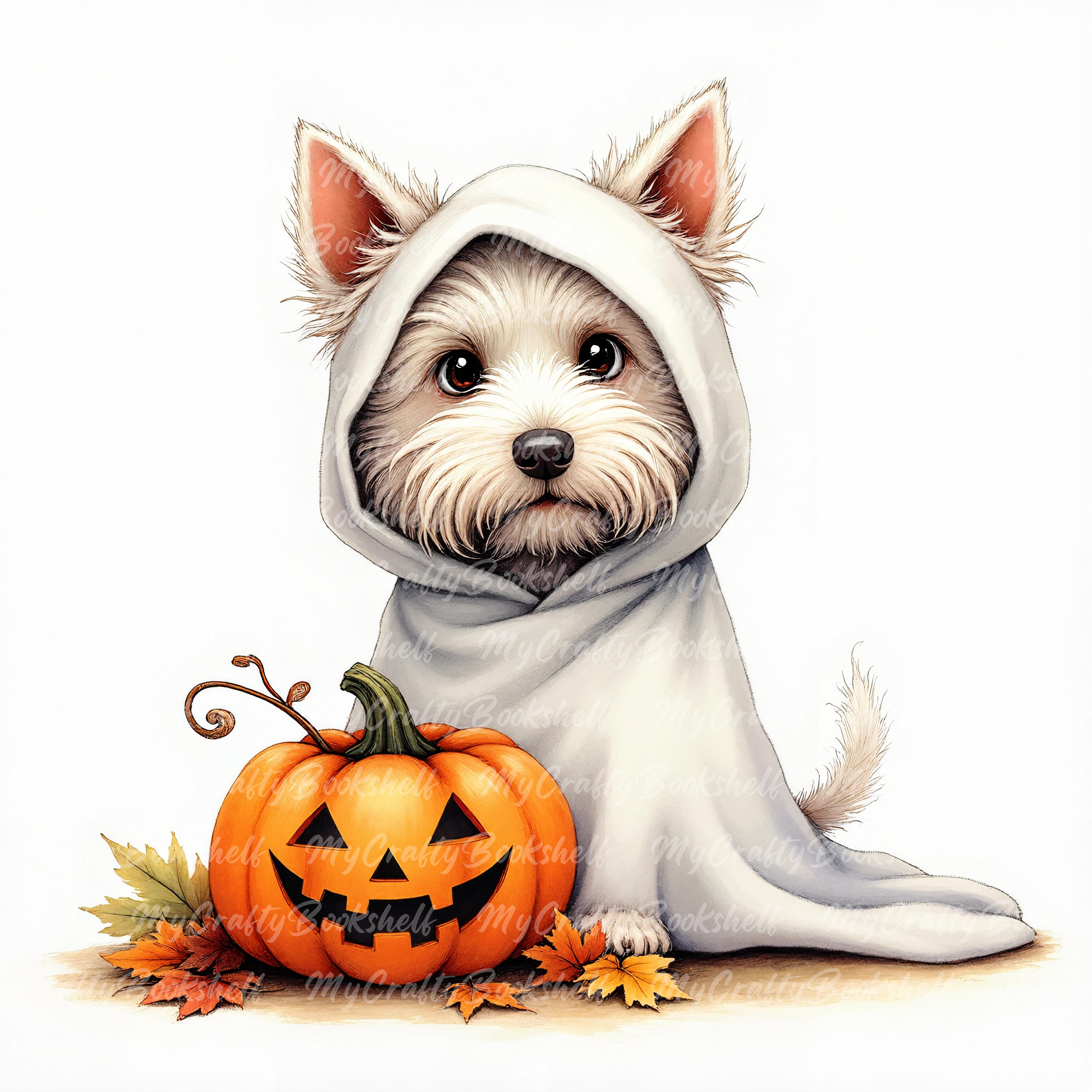 Ghost Dog Halloween Clipart: Watercolor Puppy PNG Bundle (digital ...