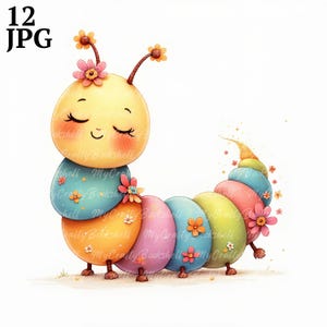 12 JPGs Caterpillar Clipart, Commercial Use, Whimsical Ephemera, Watercolor Adorable Caterpillar Clipart, Instant Download, Paper Craft