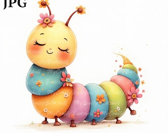 Watercolor Caterpillar Clipart: Whimsical PNG Ephemera (Commercial Use)