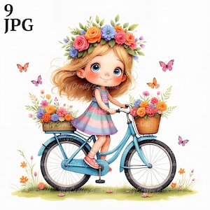 9 Quirky Girl on a Bike High Res Watercolor JPGs Junk Journaling, Card Making, Kit per download digitale, Fantasy, Stravagante, Quirky Curvy Lady