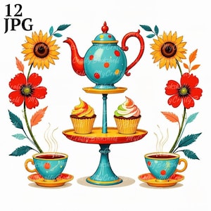 12 Floral Art Nouveau Tea, Tea Party Clipart, Printable Watercolor clipart, High Quality JPGs, Digital download, Paper craft, junk journal