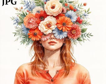 Blumen Frau Clipart: Aquarell Blumenkopf PNGs (digitaler Download)