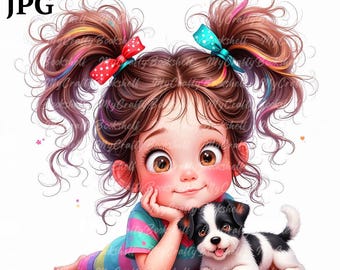 Girl with Puppy Clipart: Whimsical Watercolor PNGs (Commercial Use)