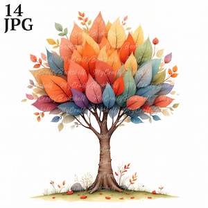 Aquarel mystieke boom-illustraties: kleurrijke grillige png (digitale download)