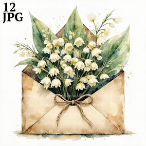 12 cliparts muguet dans une enveloppe, enveloppe florale, clipart aquarelle imprimable, fichiers JPG de haute qualité, téléchargement numérique, travaux manuels en papier