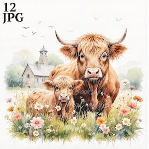 12 Highland Cow Farm Clipart, Farm Clipart, Printable Watercolor clipart, High Quality JPG JPG, Digital download, Paper craft, junk journals