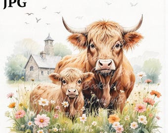 12 Highland Cow Watercolor Clipart: Farm Animal PNG (Digital Download)