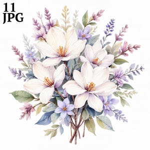 11 Fioletowe kwiaty Bukiet Clipart, Fioletowe kwiaty, Wydrukowalne akwarele clipart, Wysokiej jakości JPG, Pobieranie cyfrowe, Papercraft, dziennik śmieci
