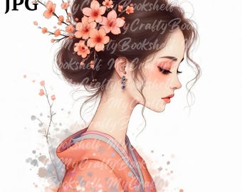 芸者クリップアート10点、芸者水墨画、白黒、印刷可能な水彩画クリップ