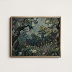 Impressionistische Moody Forest Art Print | Vintage schilderij donkere natuur, herfst Cottagecore-muurdecoratie afdrukbaar afbeelding 1