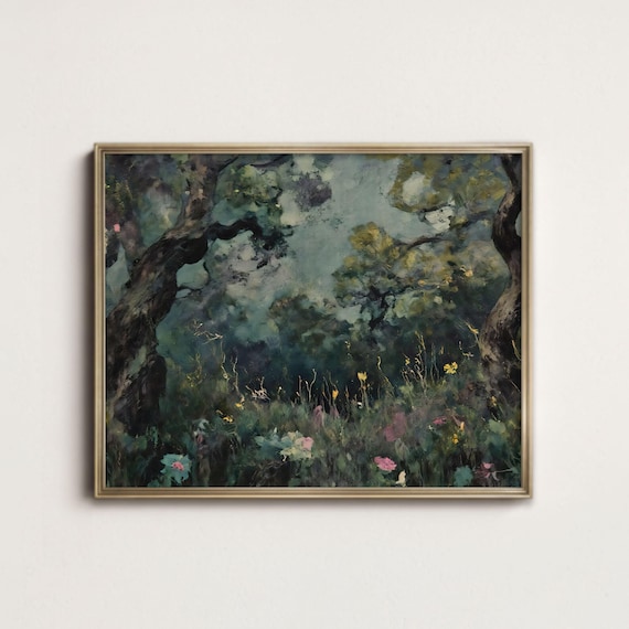 Impressionist Moody Forest Art Print | Vintage Dark Nature Painting, Autumn Cottagecore Wall Decor Printable