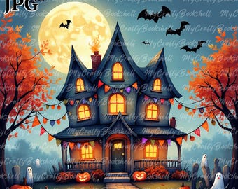 Watercolor Haunted House Clipart: Spooky Halloween PNG (Commercial Use)