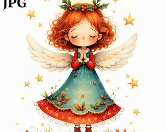 Kerstengel aquarel clipart: eigenzinnige fantasiekunst (digitale download)