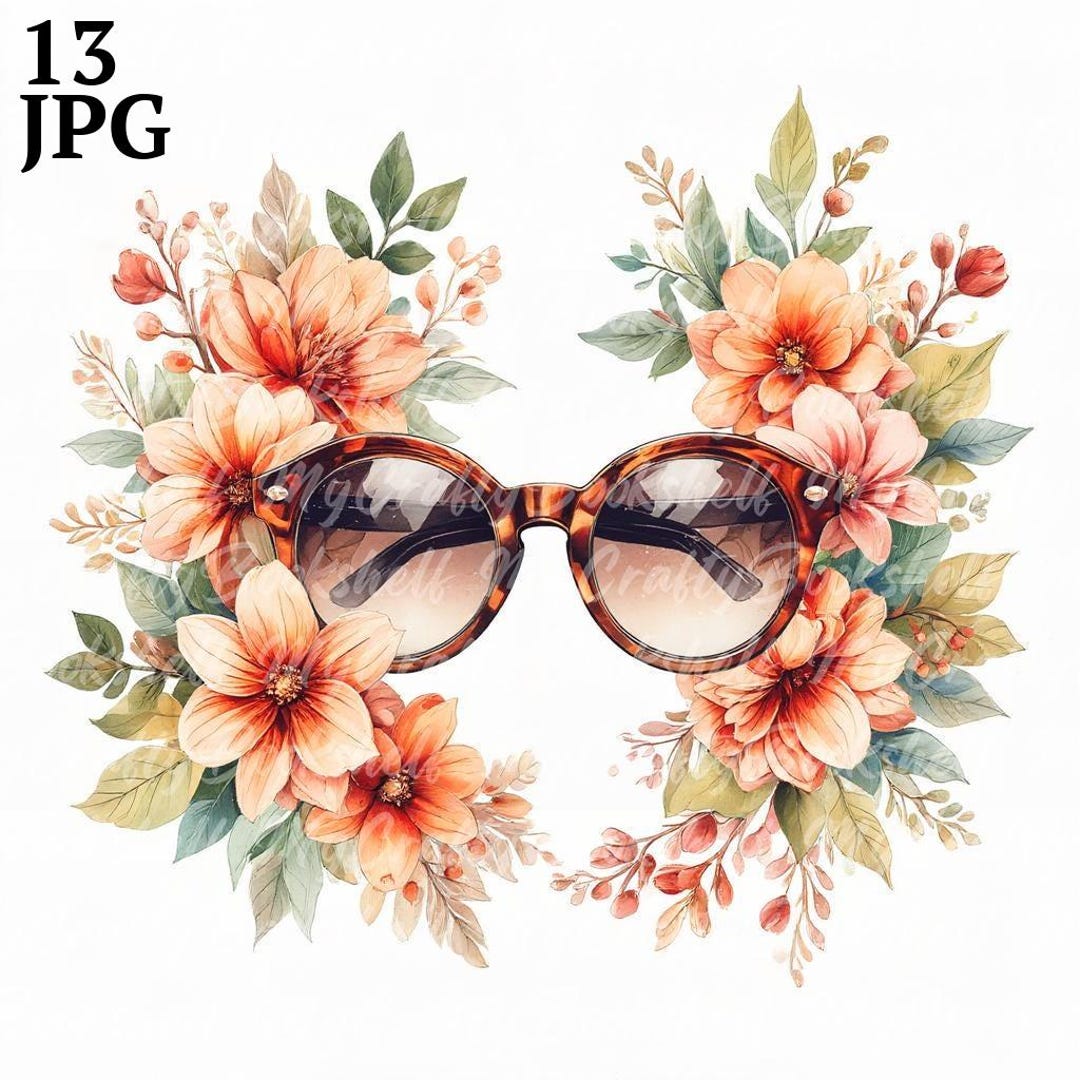 Vintage Floral Sunglasses Clipart: Watercolor PNG (digital  display picture 1