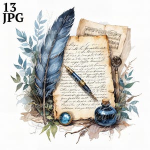 13 Clipart di carta antica, set di penne vintage, JPG/JPG di alta qualità, clipart di acquerelli stampabili, download digitale, artigianato di carta, diari di scarto