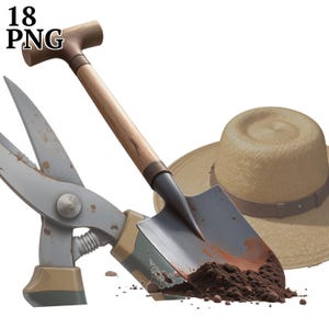 18 imágenes prediseñadas de herramientas de jardinería, imágenes prediseñadas de jardinería, imágenes PNG de abono de tierra para diario basura, álbum de recortes, manualidades, uso comercial, descarga digital