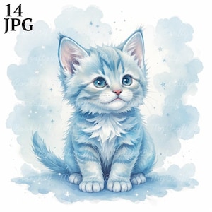 14 Clipart chaton bleu, clipart chaton, clipart aquarelle imprimable, JPG de haute qualité, téléchargement numérique, créations en papier, journal indésirable