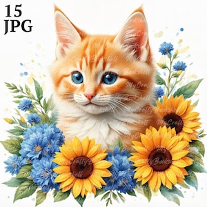 15 Floral Cats, Cats Clipart, Cat in Roses, Printable Watercolor clipart, High Quality JPGs, Digital download, Paper craft, junk journal
