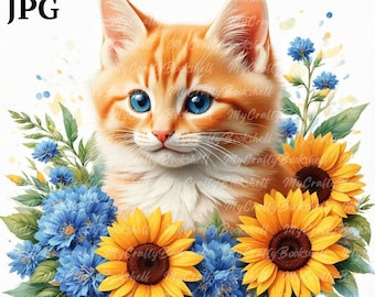 Floral Cat Clipart: Watercolor Roses PNG (Digital Download)