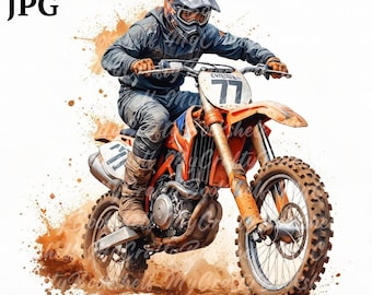 Dirt Bike Watercolor Clipart: Motocross Motorcycle PNG (Digital Download)