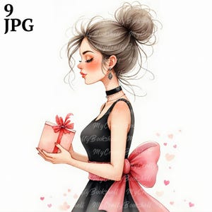 9 Clipart di ragazze in bianco e nero con acquerello JPG di alta qualità, compleanno e matrimonio, creazione di biglietti, download immediato, uso commerciale