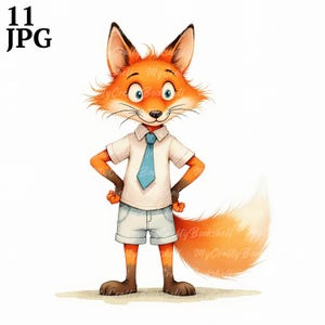 11 JPGs Funny Fox Clipart, Commercial Use, Whimsical Ephemera, Watercolor Animal Clipart, Cute Funny Animal, Instant Download, Paper Craft