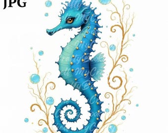 14個の宝石のタツノオトシゴのクリップアート、印刷可能な水彩画のクリップアート、高品質のJPG、デジタルダウンロード、高解像度、ペーパークラフト、ジャンクジャーナル