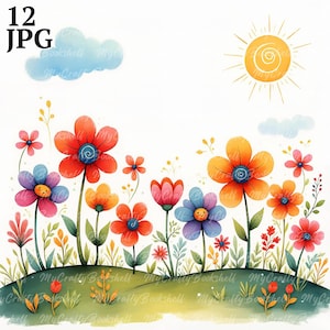 12 Quirky Meadow Flowers Clip Art Bundle High Res Watercolor JPGs Junk Journaling, Scrapbooking, Card Making, Download digitale, Stravagante