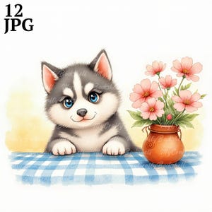 12 images clipart chiot aquarelle haute qualité JPG Portrait d'animal de compagnie, lot de cliparts Husky, Illustrations de chiot, téléchargement immédiat, usage commercial,