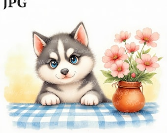Watercolor Husky Clipart Bundle: Puppy Illustrations (PNG, Commercial Use)