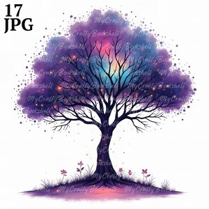 17 Clipart de árvore da galáxia, árvore do céu estrelado, pacote de clipart de árvore mística, JPGs de alta qualidade, arte de noite estrelada, imprimíveis, uso comercial