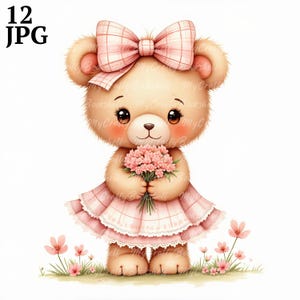 12 Clipart orsacchiotto, Clipart baby shower, Vestito orso con fiore rosa Acquerello Orsacchiotto Grafica, Illustrazione orsacchiotto Decorazione cameretta