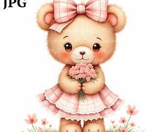 Teddy Bear Clipart: Watercolor Flower Dress, Nursery Decor (Digital Download)