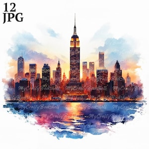 12 arte mural de Nueva York, arte mural abstracto de la ciudad de Nueva York, clipart de acuarela imprimible, JPG de alta calidad, descarga digital, manualidad de papel, póster