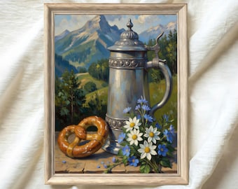 Beierse muurkunst rustieke alpenkroes en krakeling muurkunst: vintage keukendecor Oktoberfest, Duits stillevenschilderij print
