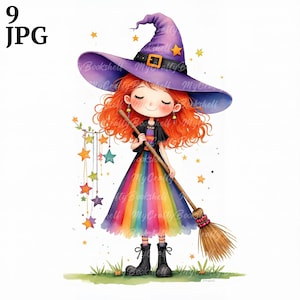 9 Quirky Witch Clip Art High Res Watercolor JPGs for Junk Journaling, Scrapbooking, Card Making, Digital Download Kit, Fantasy, Whimsical