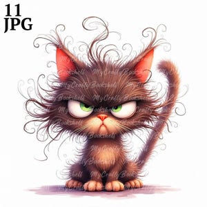 11 Frazzled Cat Clip Art High Res Watercolor JPGs for Junk Journaling, Scrapbooking, Card Making, Digital Download Kit, Quirky Cat Clipart