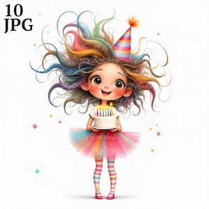 10 JPG Quirky Birthday Cake Clip Art, Watercolor Quirky Girl, Junk Journaling, Scrapbooking, Card Making, Digital Download Fantasy Whimsical