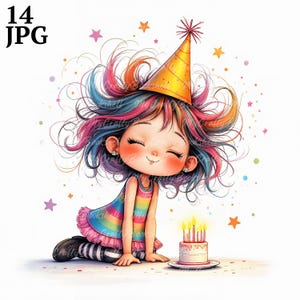 14 Quirky Birthday Cake Clip Art High Res Watercolor JPGs Junk Journaling, Scrapbooking, Card Making, Digital Download, Fantasy, Whimsical