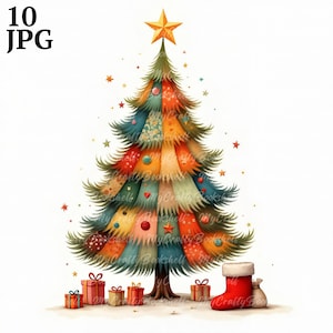 10 Calico kerstboom illustraties hoge resolutie aquarel jpg's voor ongewenste journaling, scrapbooking, kaarten maken, digitale downloadkit, grillig